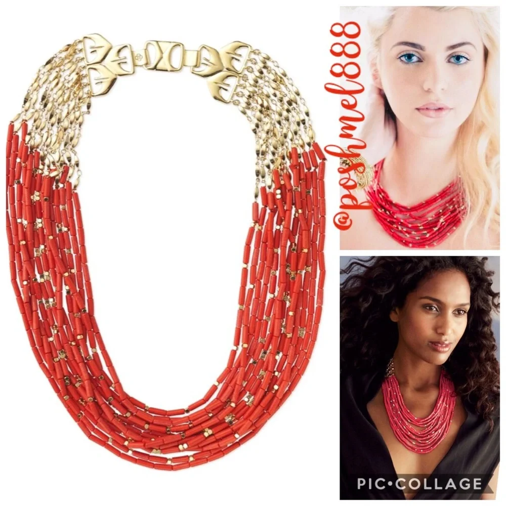 Stella & Dot | Retired Coral Red Hand-beaded Campari Statement Necklace - Picture 2 of 8